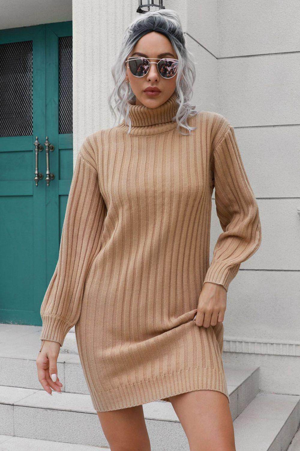 Ribbed Turtle Neck Long Sleeve Mini Sweater Dress for Women