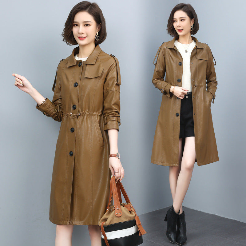 New Women Leather Trench Spring Turn-down Collar Solid Color Drawstring Loose Long Sheepskin Coat