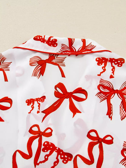 Christmas Bow Print Top and Pants 2pcs Pajama Set