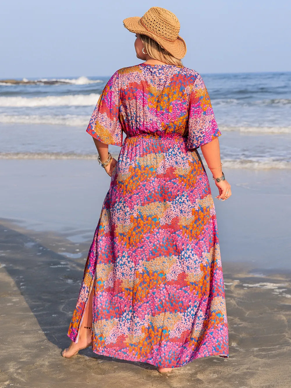 Plus Size Printed V-Neck Half Sleeve Maxi Dress For Women