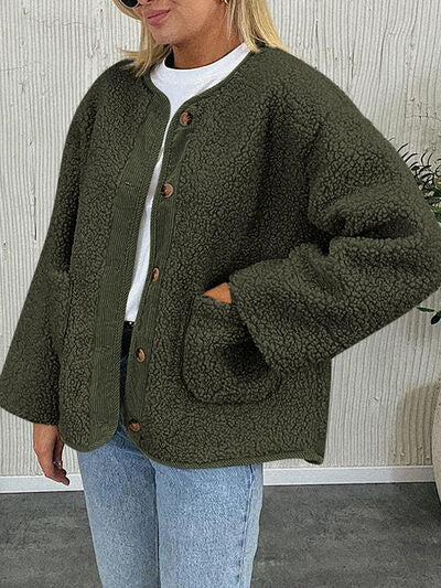 Modern Cozy Women Luxuriously Cozy Contrast Button Up Sherpa Jacket with Pockets For Fall &amp; Winter