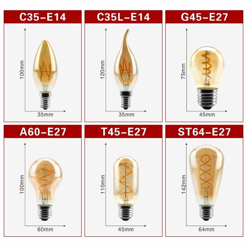 E14 E27 Retro LED Spiral Filament Light Bulb 4W 220V C35 G45 A60 T45 ST64 T185 T225 G80 G95 G125 Vintage Edison Lamp Vintage Filament Light Bulbs Globe Round
