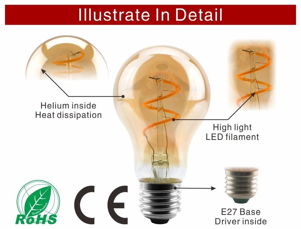E14 E27 Retro LED Spiral Filament Light Bulb 4W 220V C35 G45 A60 T45 ST64 T185 T225 G80 G95 G125 Vintage Edison Lamp Vintage Filament Light Bulbs Globe Round