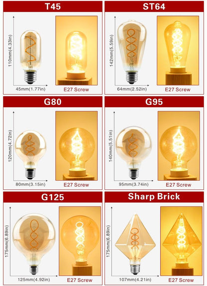 E14 E27 Retro LED Spiral Filament Light Bulb 4W 220V C35 G45 A60 T45 ST64 T185 T225 G80 G95 G125 Vintage Edison Lamp Vintage Filament Light Bulbs Globe Round