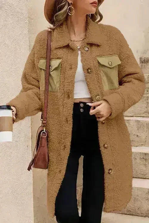 Blue Teddy Coat – Contrast Flap Pockets &amp; Single Breasted