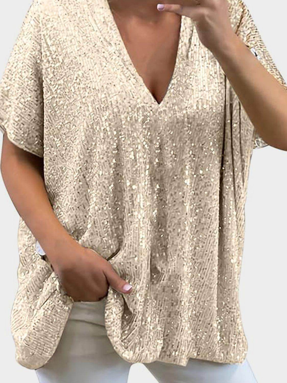 Full Size Sequin V-Neck Short Sleeve Top for Women