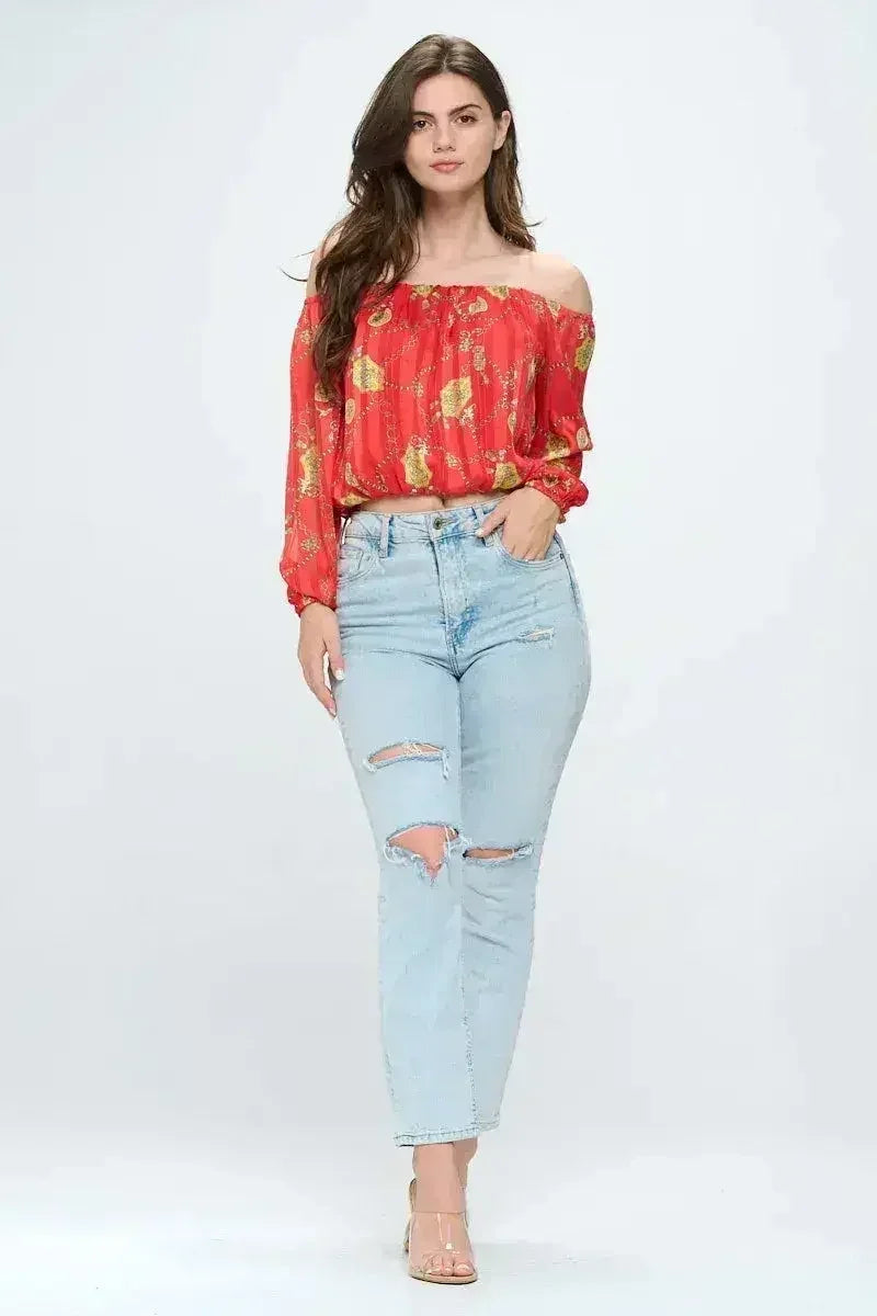 Off-Shoulder Chain Print Crop Top - Red &amp; Black Chiffon Blouse - Femstylo