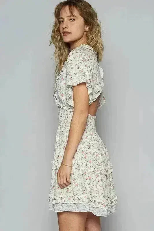 Floral V-Neck Mini Dress with Cutout Back &amp; Frill - Femstylo