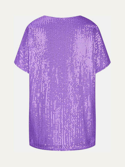 Full Size Sequin V-Neck Short Sleeve Top for Women
