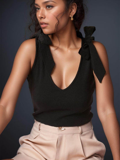 V-Neck Tie Shoulder Tank Top for Women with Stretch Fabric