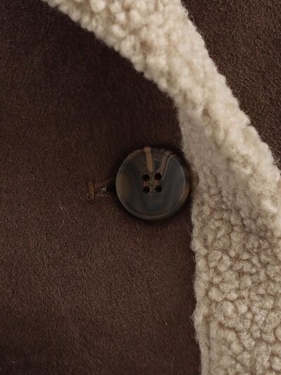 Fuzzy Collared Neck Long Sleeve Jacket with Buttoned Closure and Cozy Pockets
