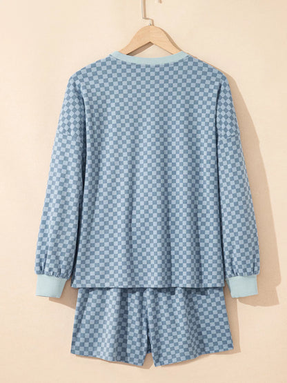 Checkerboard Long Sleeve Pullover and Shorts Set