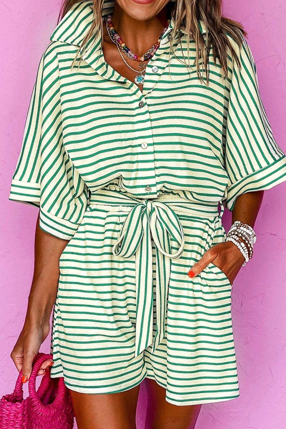 Striped Half Sleeve Tie Waist Romper