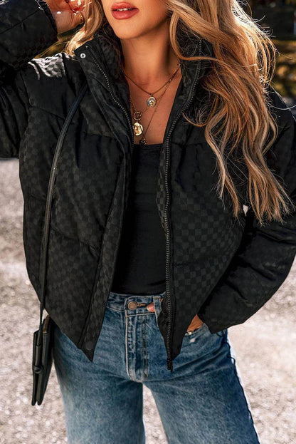 Checkered Turtleneck Zip Up Long Sleeve Winter Coat Style