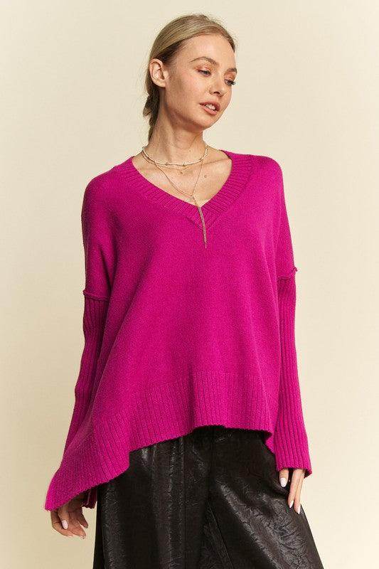 Davi &amp; Dani Ribbed Side Slit V-Neck Sweater for Women