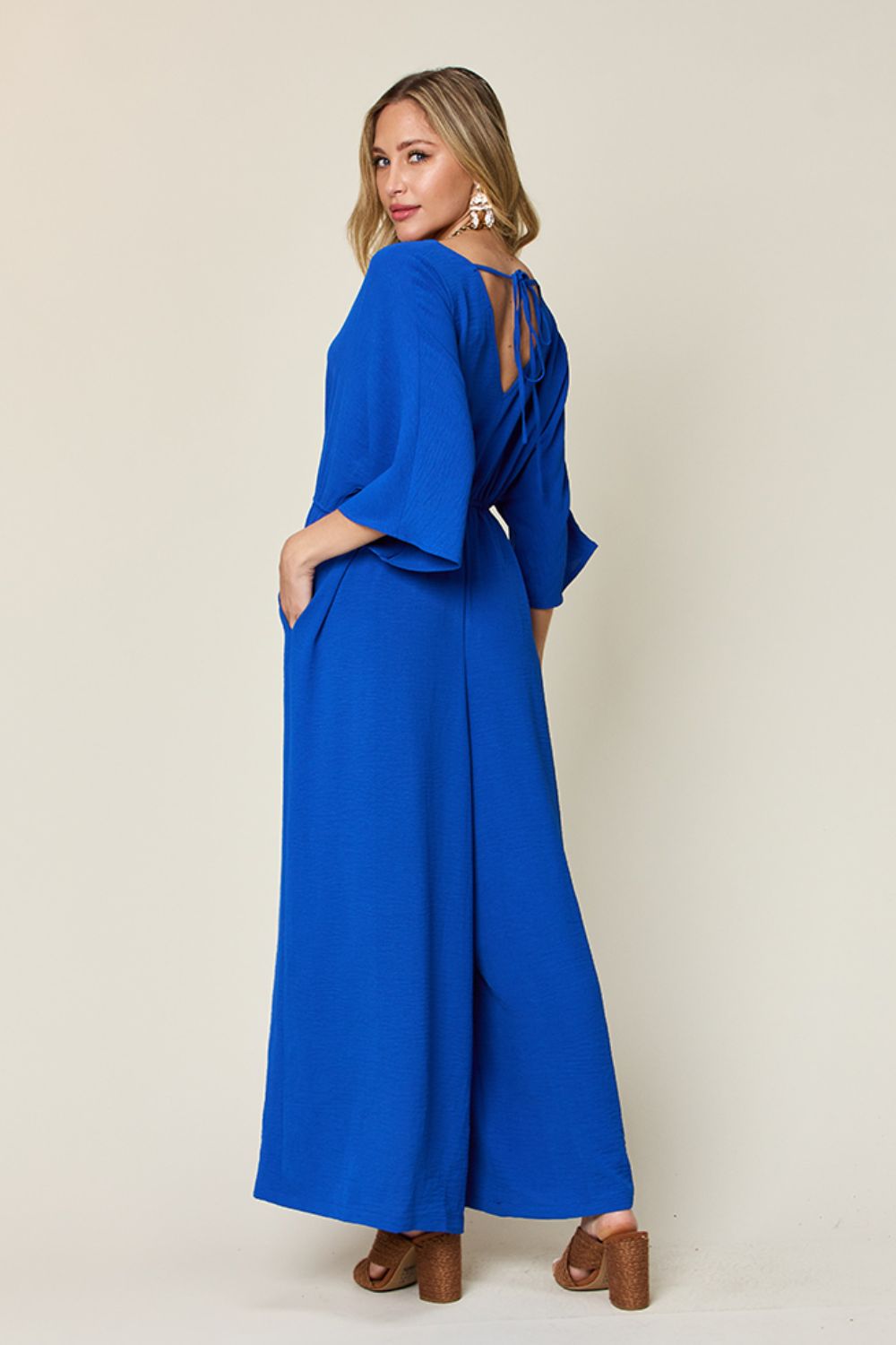 Tie-Waist Jumpsuit with Wide Legs and Short Sleeves