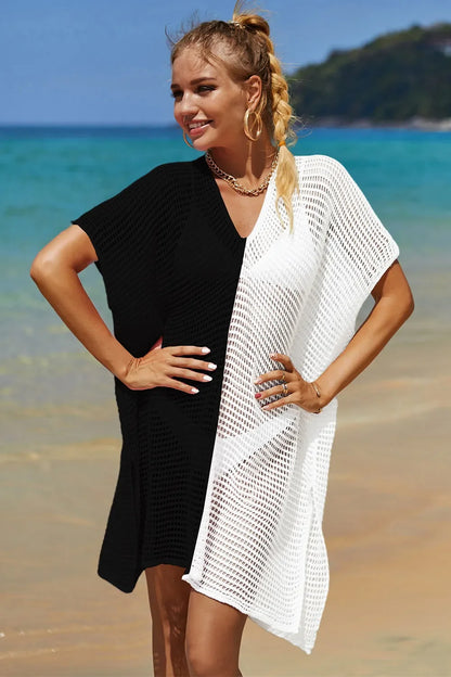 Angel Wings Openwork Contrast Slit Knit Cover Up