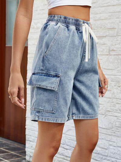Drawstring Denim Shorts with Pockets for Women Fashion