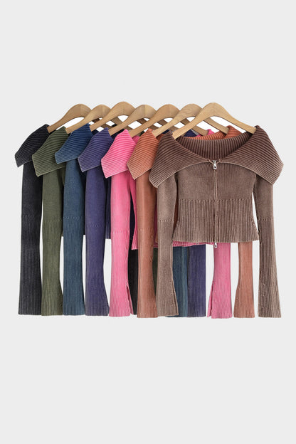 Back To School Sweater - Double Take Ribbed Off-Shoulder Zip Up Long Sleeve Cardigan