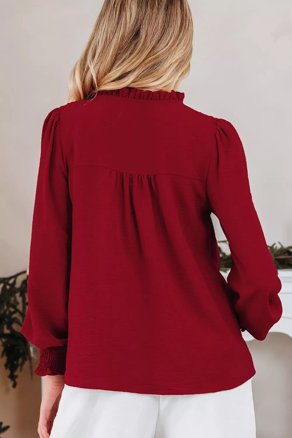 Notched Neck Shirred Cuff Long Sleeve Blouse