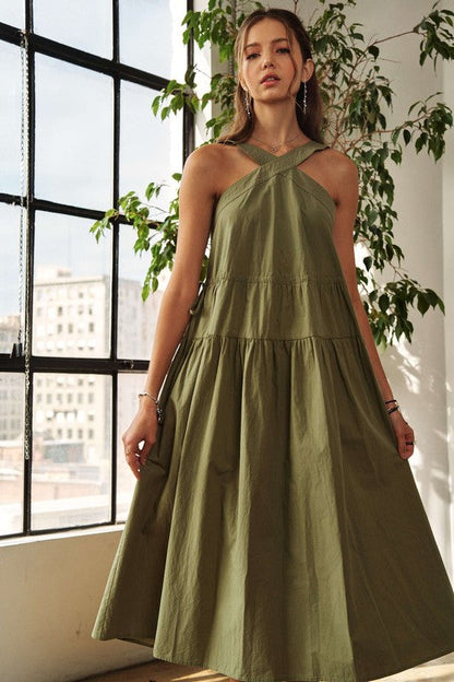 New Summer Crisscross Wide Strap Drawstring Detail Midi Dress For Women – Chic, Sophisticated, Adjustable, Perfect Dress for Casual to Semi-Formal Occasions