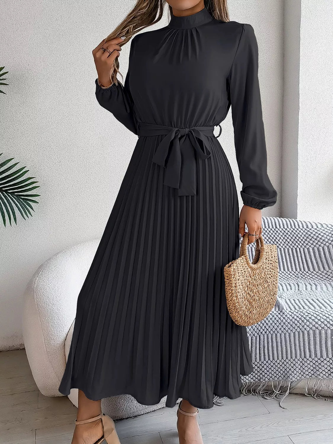 Mock Neck Pleated Midi Dress