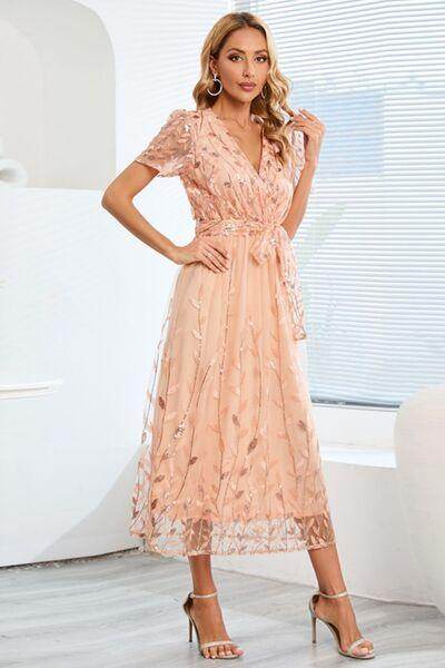 Sequin Leaf Embroidery Tie Front Short Sleeve Dress for Women