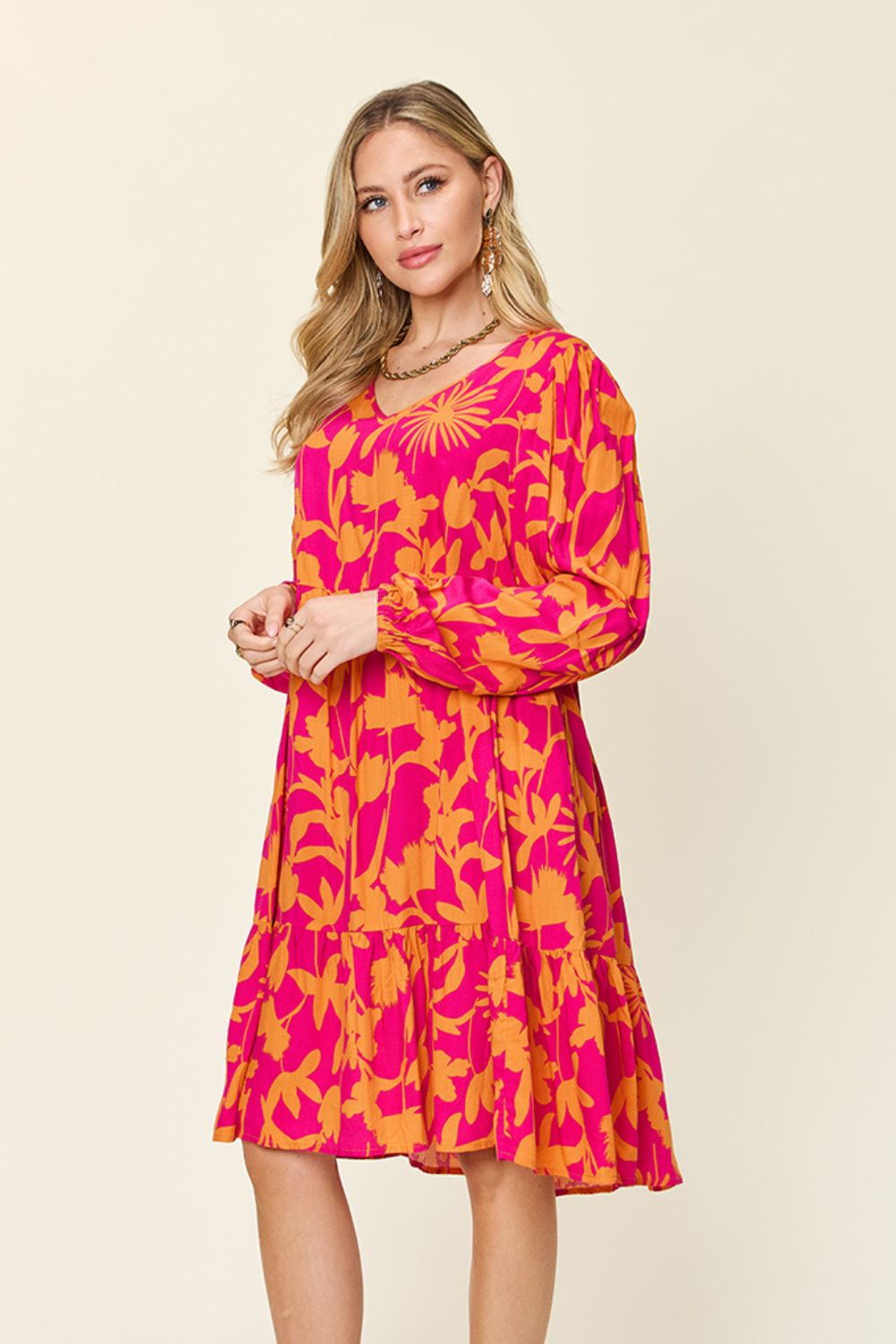 Double Take Full Size Printed Ruffle Hem Dress with Pocket Stylish &amp; Functional Women Dress