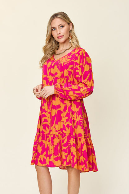 Double Take Full Size Printed Ruffle Hem Dress with Pocket Stylish &amp; Functional Women Dress