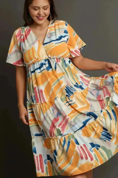 Umgee Abstract Print Midi Dress – Flutter Sleeves &amp; Tiered Frill Detail