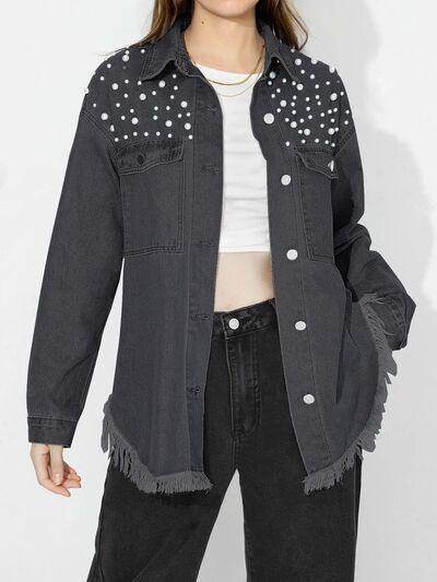Raw Hem Pearl Trim Collared Neck Denim Top for Women