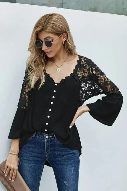 Black Crochet Lace Blouse - ¾ Bell Sleeve Button-Up Top for Women | Femstylo