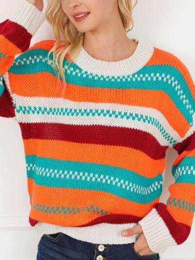 Contrast Striped Round Neck Long Sleeve Sweater for Women