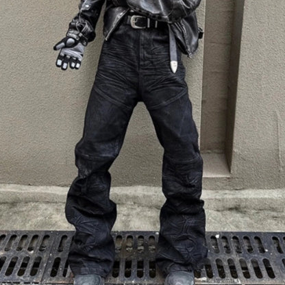 American-style Raw-edge Slim-fit Pleated Slightly Flared Denim Jeans