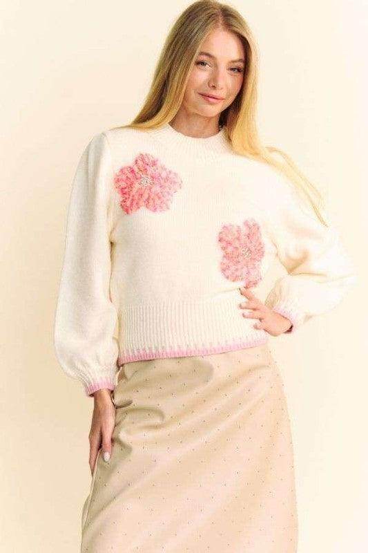 Davi &amp; Dani Flower Patch Fuzzy Mock Neck Sweater Cozy