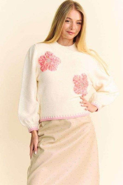Davi &amp; Dani Flower Patch Fuzzy Mock Neck Sweater Cozy