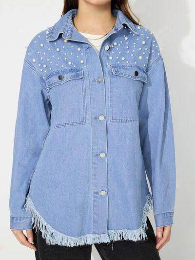 Raw Hem Pearl Trim Collared Neck Denim Top for Women