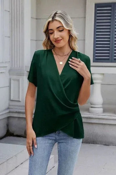 Out of State - Solid Color Surplice Short Sleeve Blouse