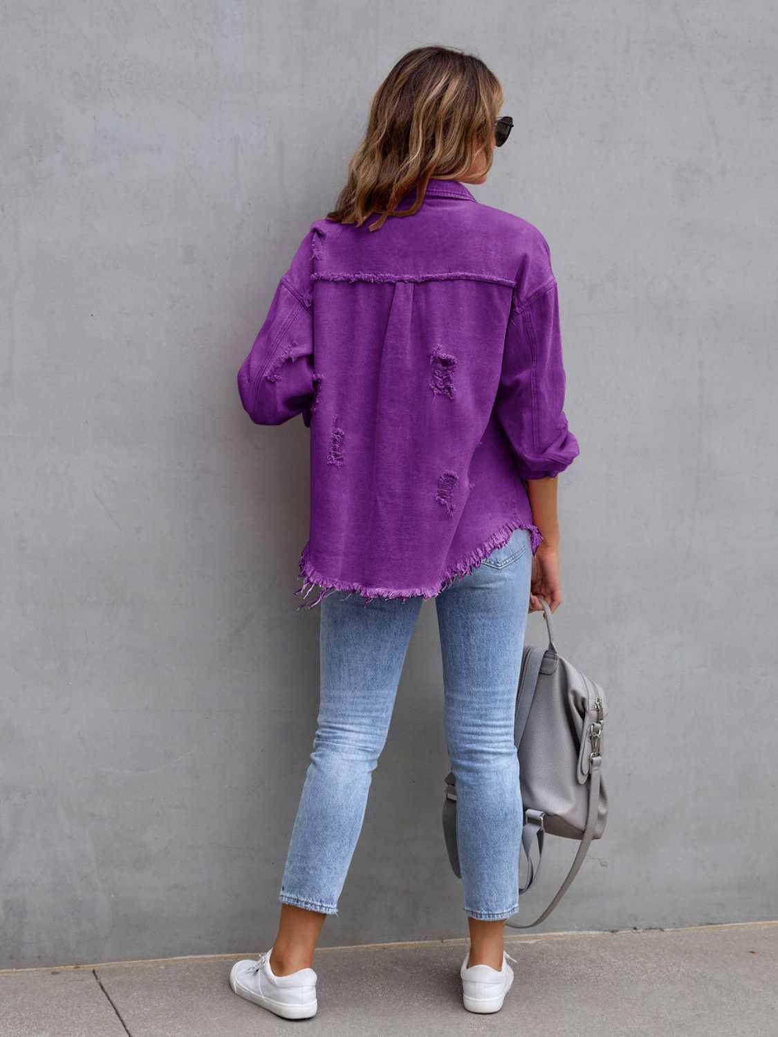 Distressed Drop Shoulder Denim Jacket for Casual Style