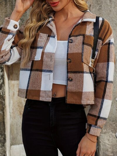 Women Brown Plaid Collared Neck Cropped Jacket Trendy &amp; Versatile Outerwear