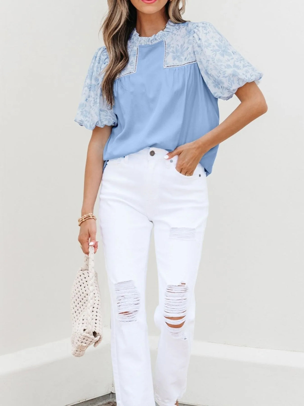 Lace Insert Floral Puff Sleeve Patchwork Loose Blouse