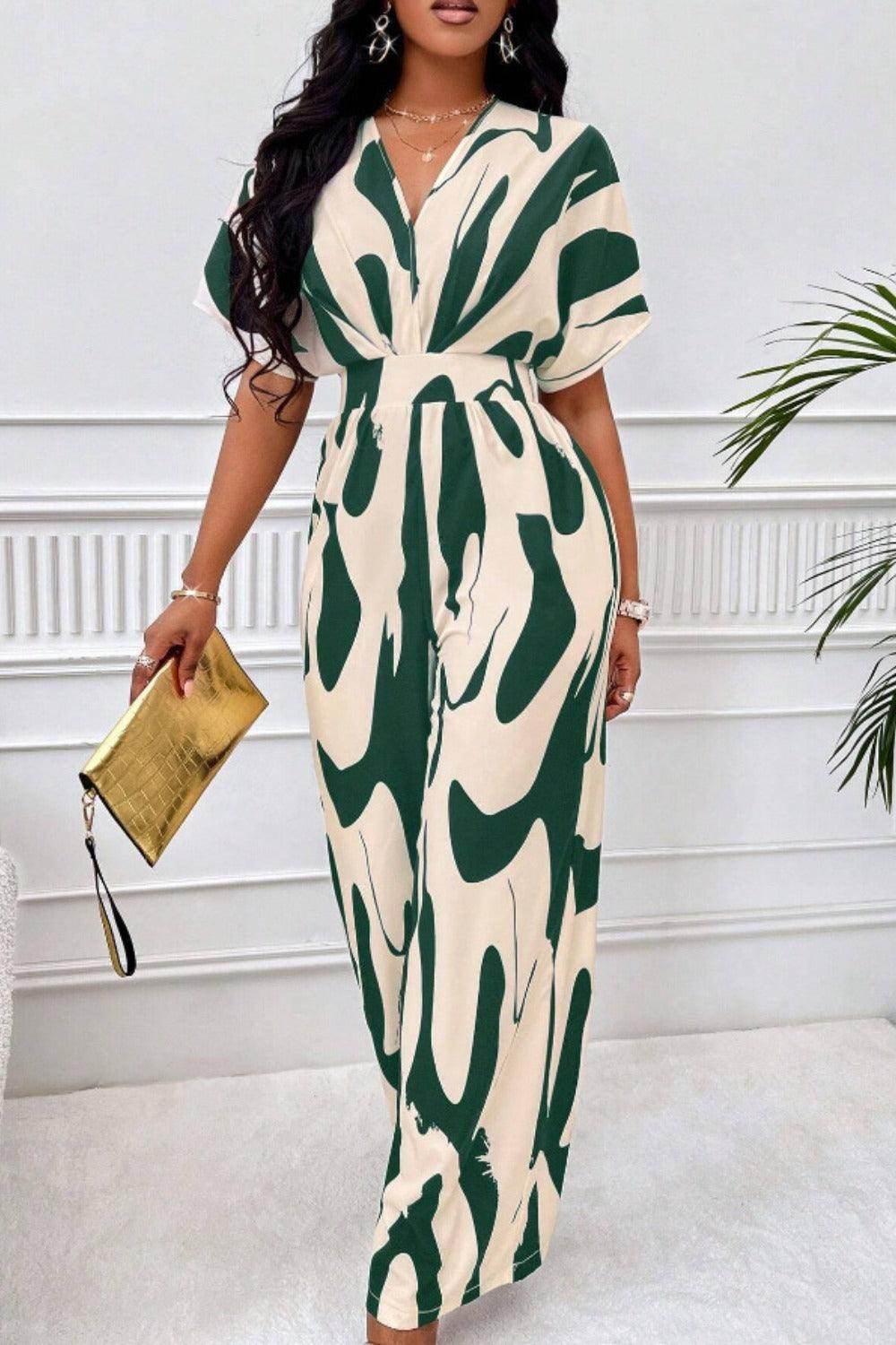 Printed V-Neck Short Sleeve Wide Leg Jumpsuit for Women