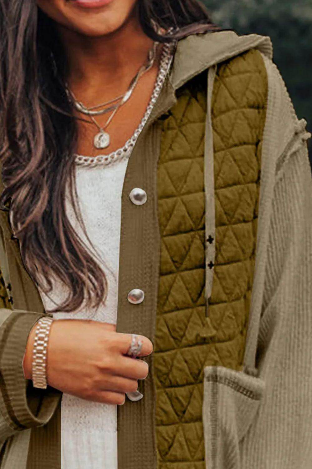 Drawstring Color Block Long Sleeve Jacket for Women Fashion