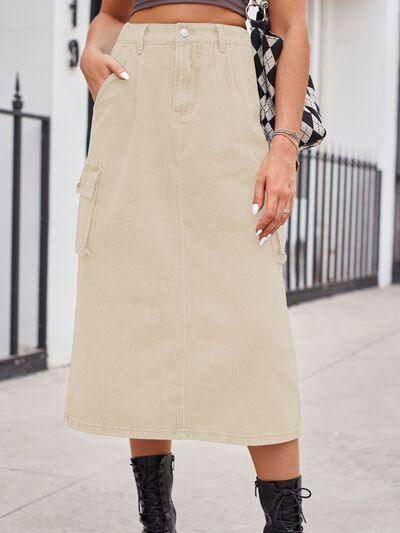 Slit Buttoned Denim Skirt with Pockets for Women