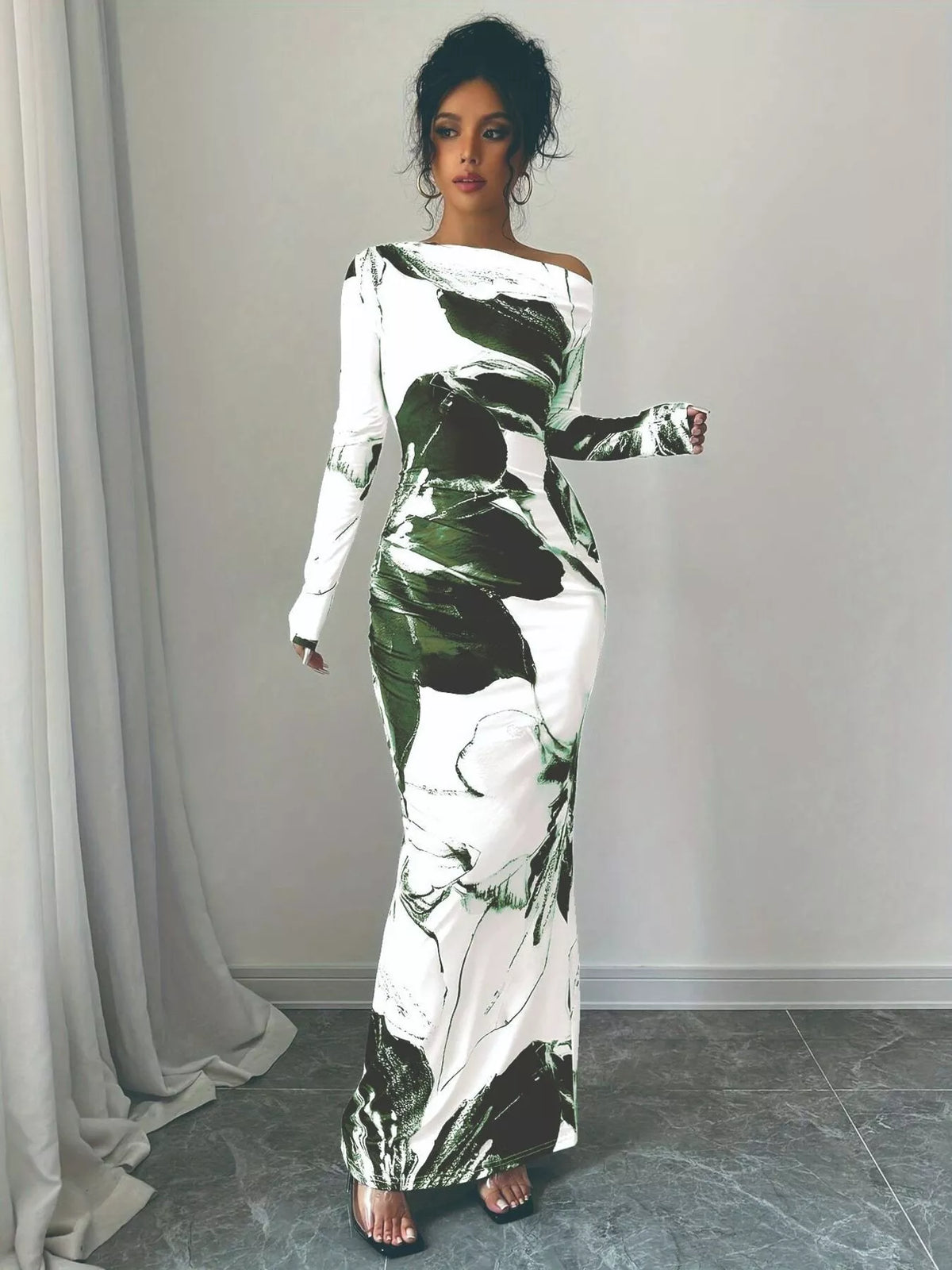 Floral One Shoulder Long Sleeve Maxi Dress