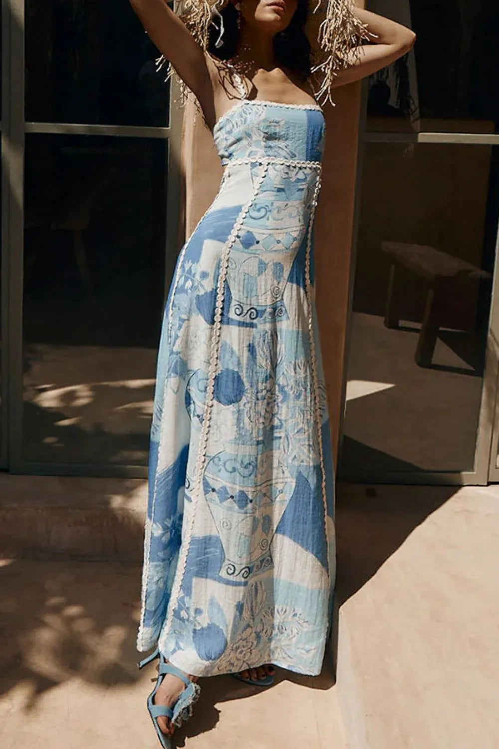 Cutout Back Printed Square Neck Maxi Dress