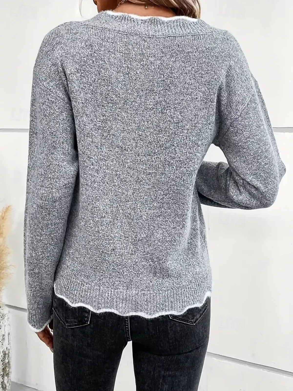 Full Size Scalloped Trim V-Neck Sweater Plus Size