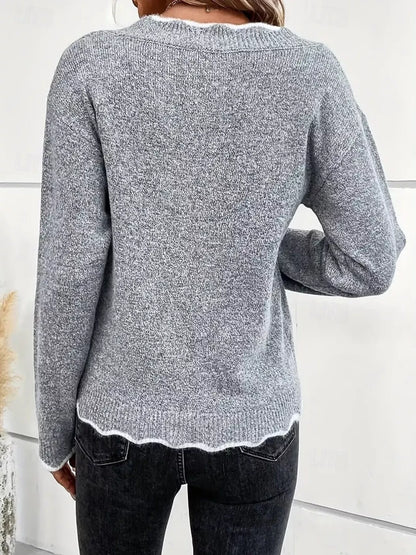 Full Size Scalloped Trim V-Neck Sweater Plus Size