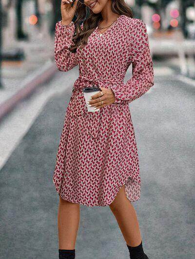 Tied Printed Notched Balloon Sleeve Dress for Women