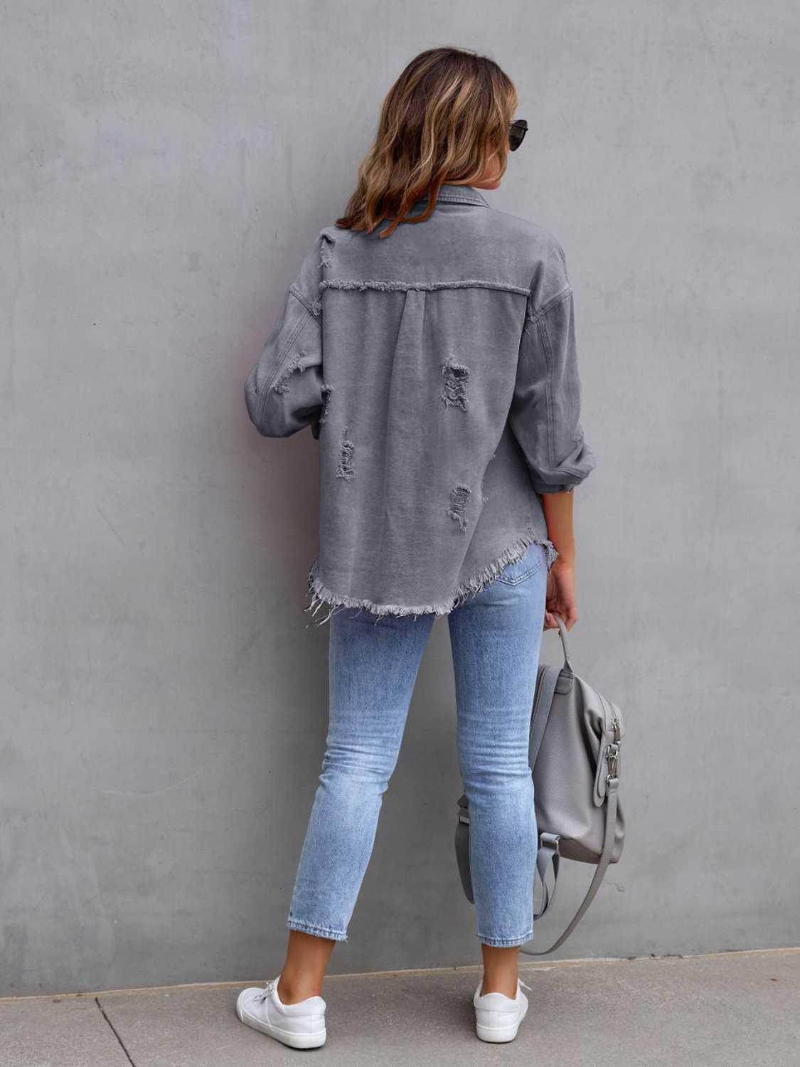 Distressed Drop Shoulder Denim Jacket for Casual Style